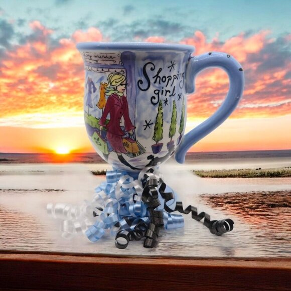 Hand-Poured Soy Candle ✦ Jennifer Brinley Shopping Girl Mug ✦ Blue Flower Topper - Picture 8 of 11